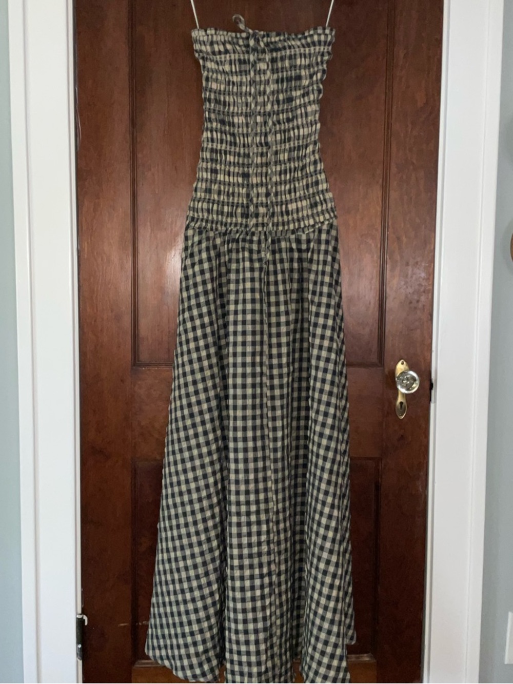Strapless Smocked Gingham Maxi Dress in Black & Cream